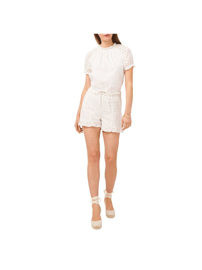 1. STATE Womens White Eyelet Ruffled Lined Tie At Waist Puff Sleeve Raglan Sleeve Round Neck Crop Top XS
