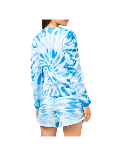 1. STATE Womens Blue Stretch Ruched Tie Dye 3/4 Sleeve Round Neck Crop Top Sweater M