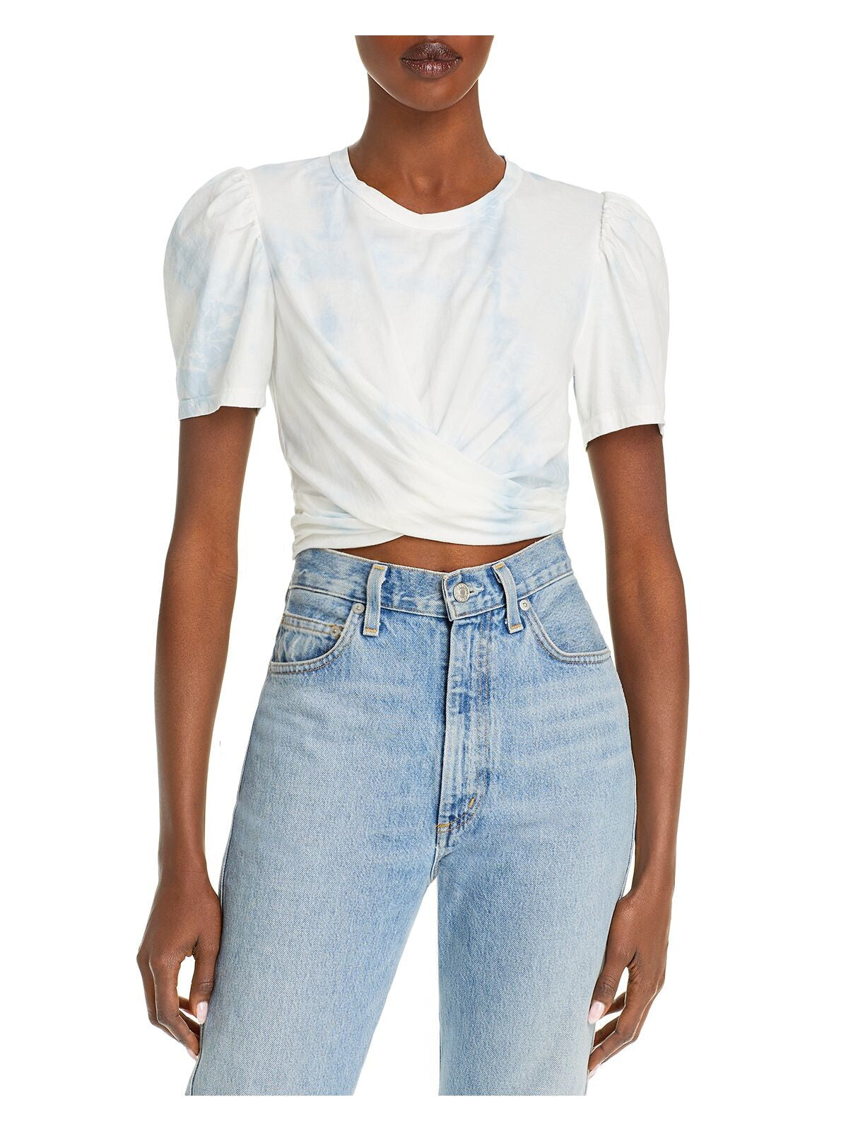 A.L.C. Womens Pleated Ruched Twist Front Pouf Sleeve Crew Neck Crop Top