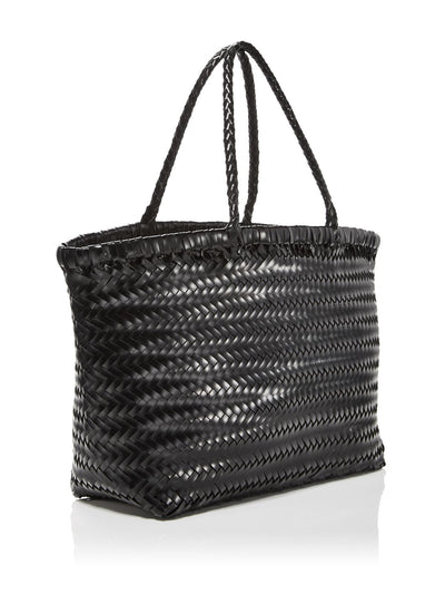 AQUA Women's Black Faux Leather Weave Double Flat Strap Tote Handbag Purse