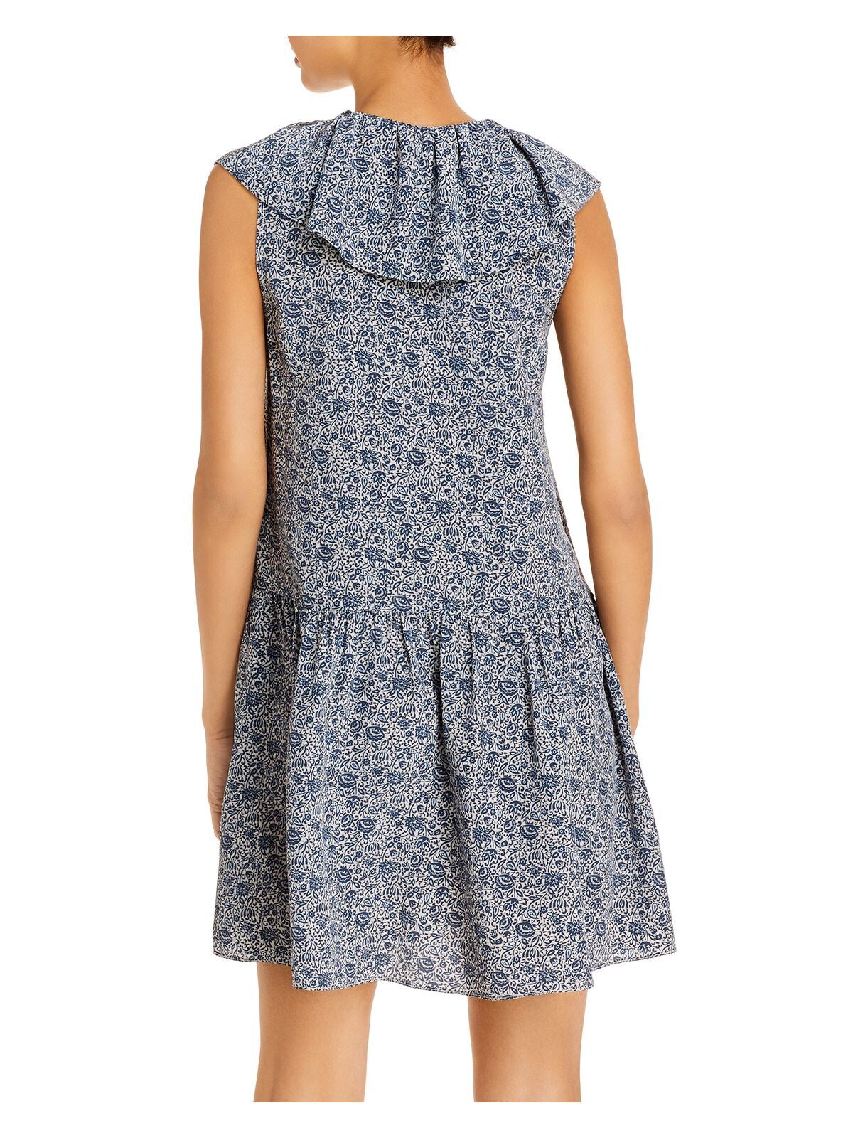 REBECCA TAYLOR Womens Blue Ruffled Lace Up  Lined Floral Sleeveless Split Short Wear To Work Fit + Flare Dress XS