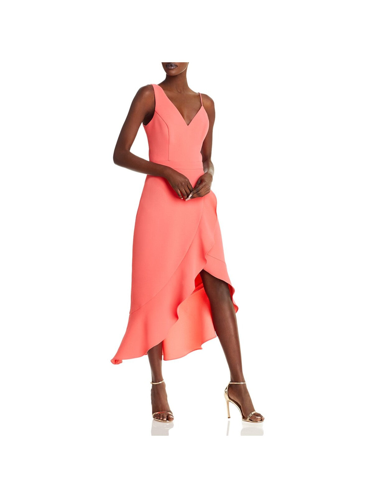 AQUA FORMAL Womens Coral Zippered Ruffled Wrap Style Skirt Lined Sleeveless V Neck Maxi Hi-Lo Dress 2