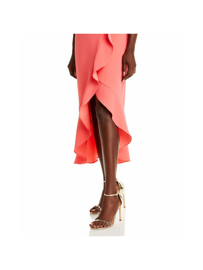 AQUA FORMAL Womens Coral Zippered Ruffled Wrap Style Skirt Lined Sleeveless V Neck Maxi Hi-Lo Dress 2