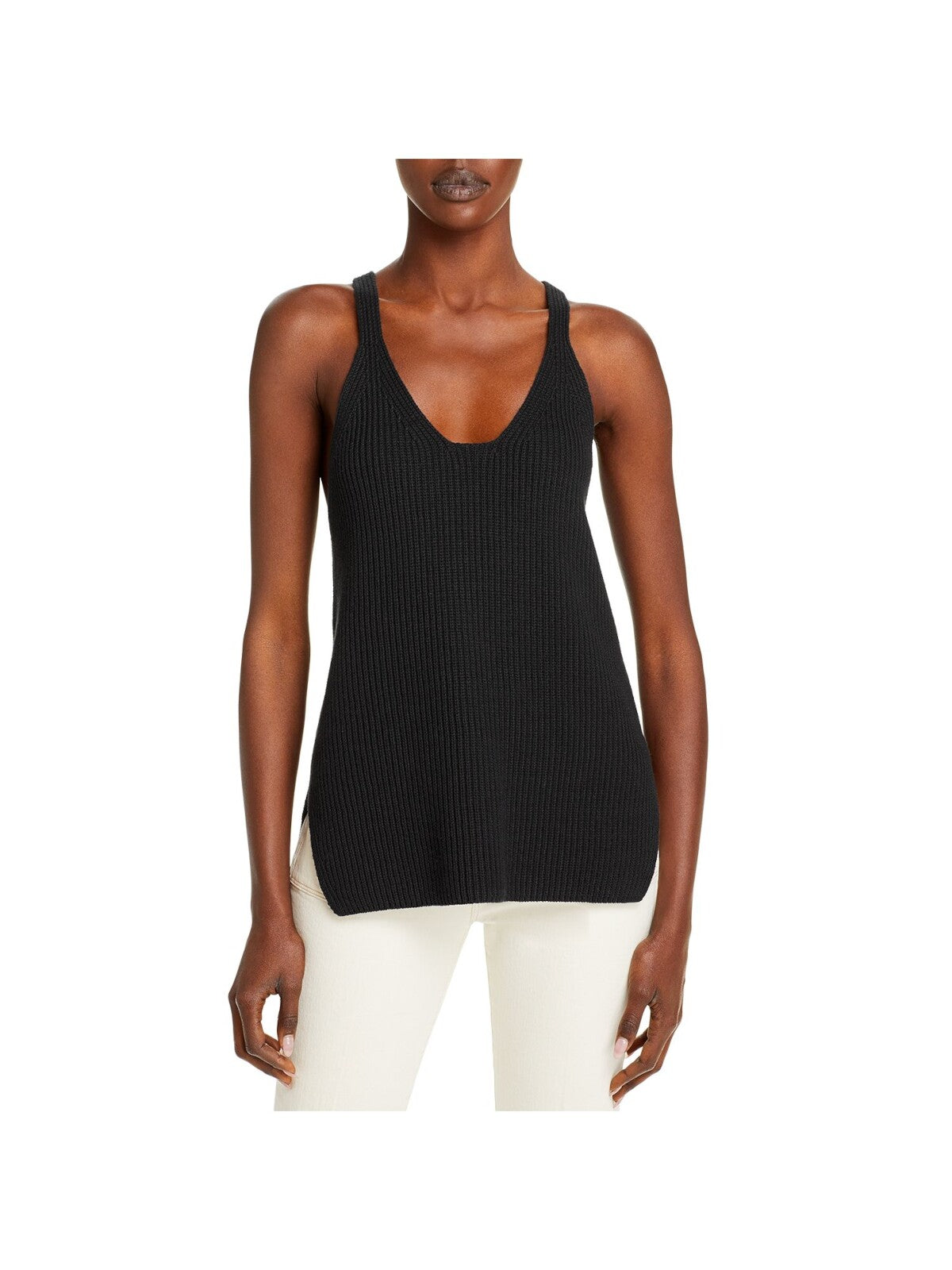 HELMUT LANG Womens Black Ribbed Racerback Sleeveless Scoop Neck Tank Sweater L