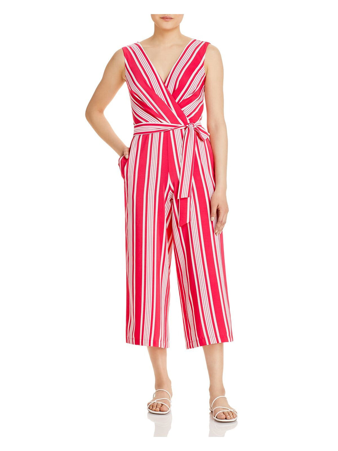 KARL LAGERFELD Womens Pink Zippered Pocketed Self Tie Sash Striped  Sleeveless Surplice Neckline Wear To Work Wide Leg Jumpsuit