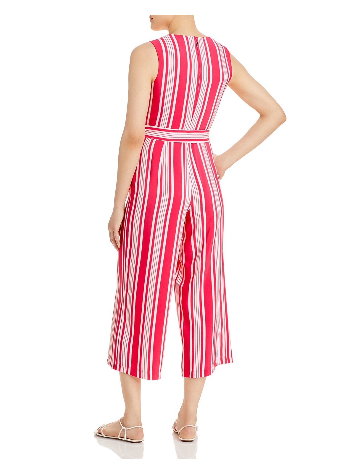 KARL LAGERFELD Womens Pink Zippered Pocketed Self Tie Sash Striped Sleeveless Surplice Neckline Wear To Work Wide Leg Jumpsuit 2