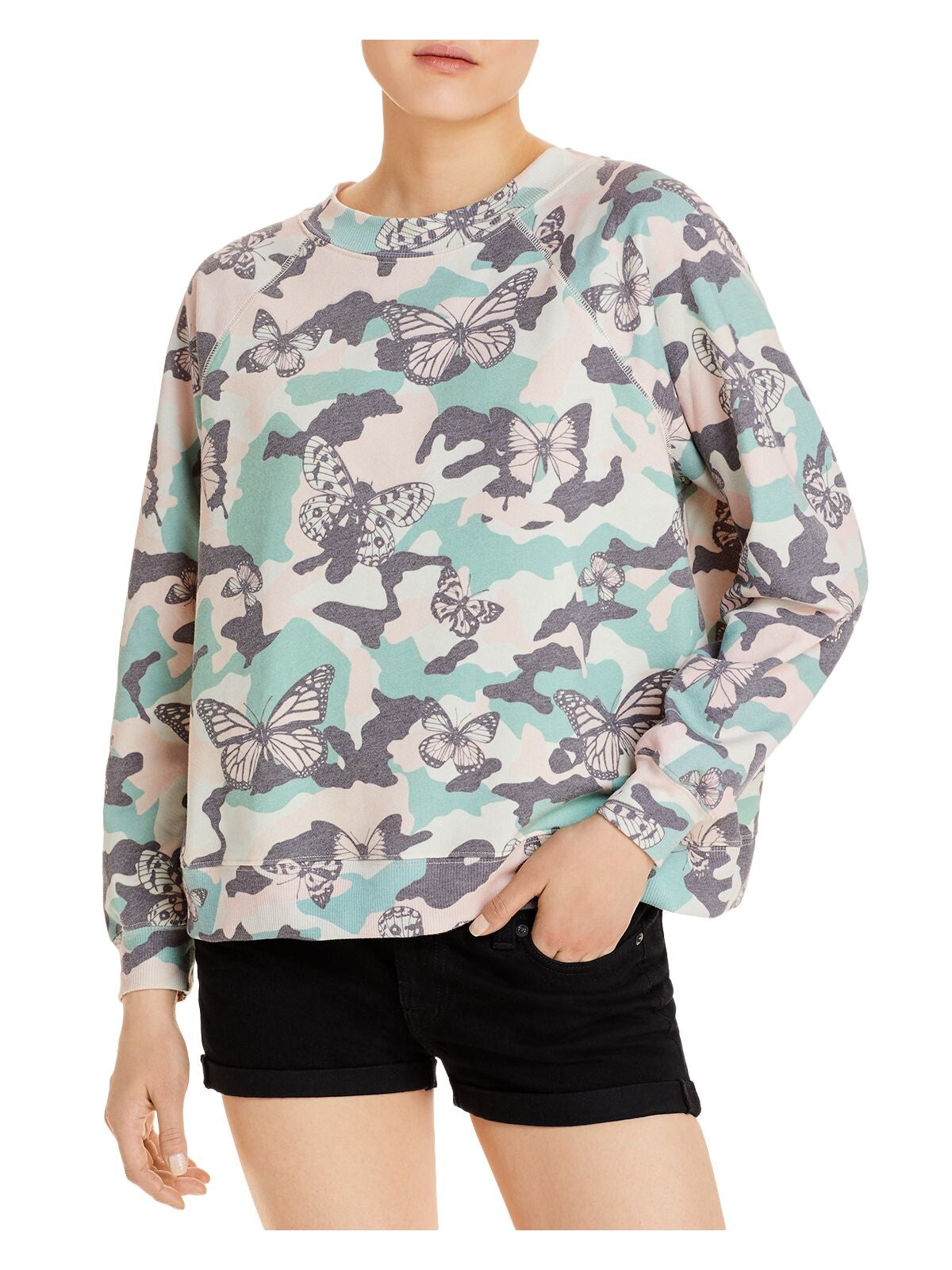 WILD FOX Womens Beige Ribbed Crewneck Long Raglan Sleeves Camouflage Sweatshirt S