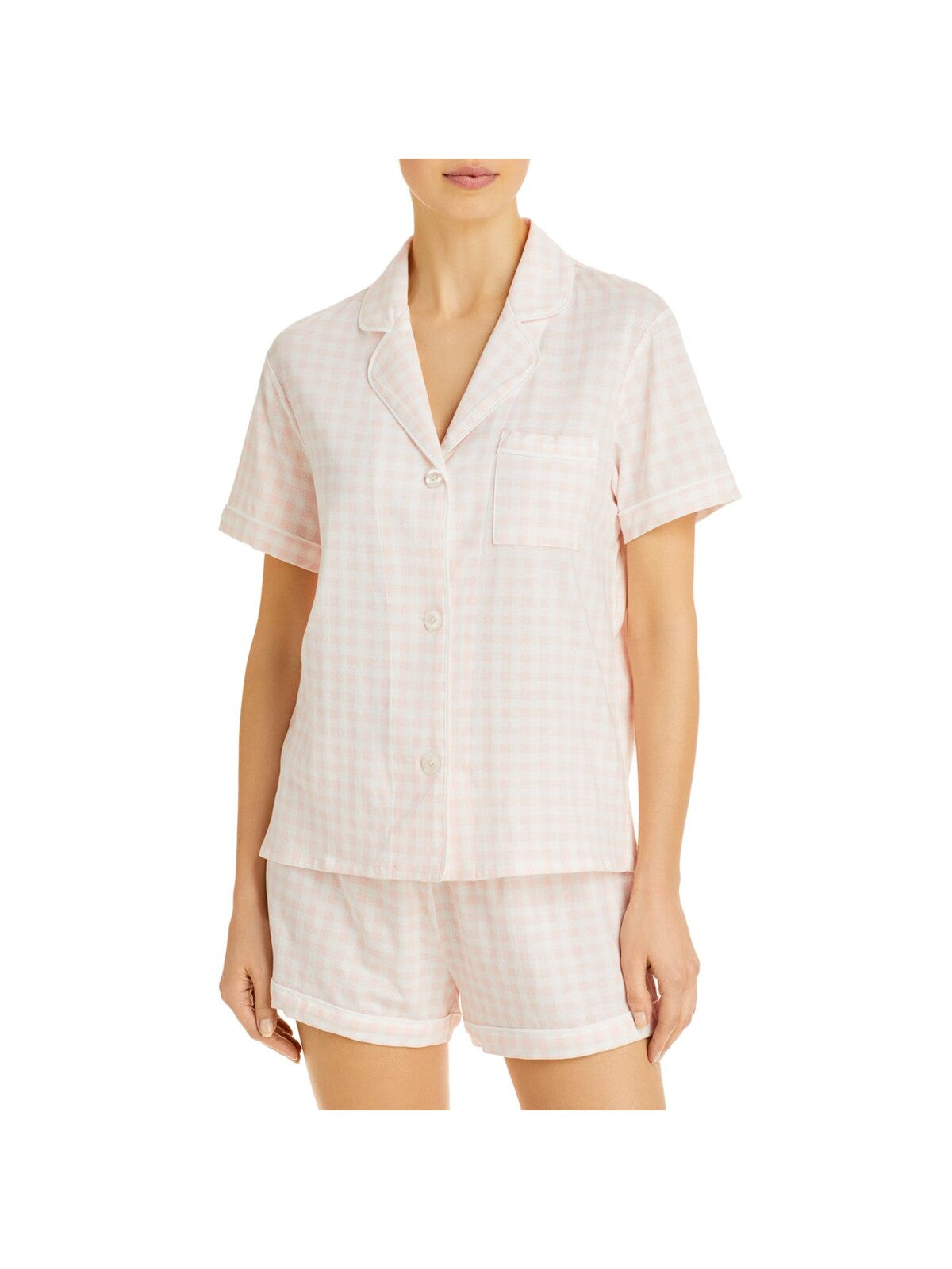 AQUA Womens Pink Printed Notched Collar Short Sleeve Button Up Top and Shorts Pajamas XS