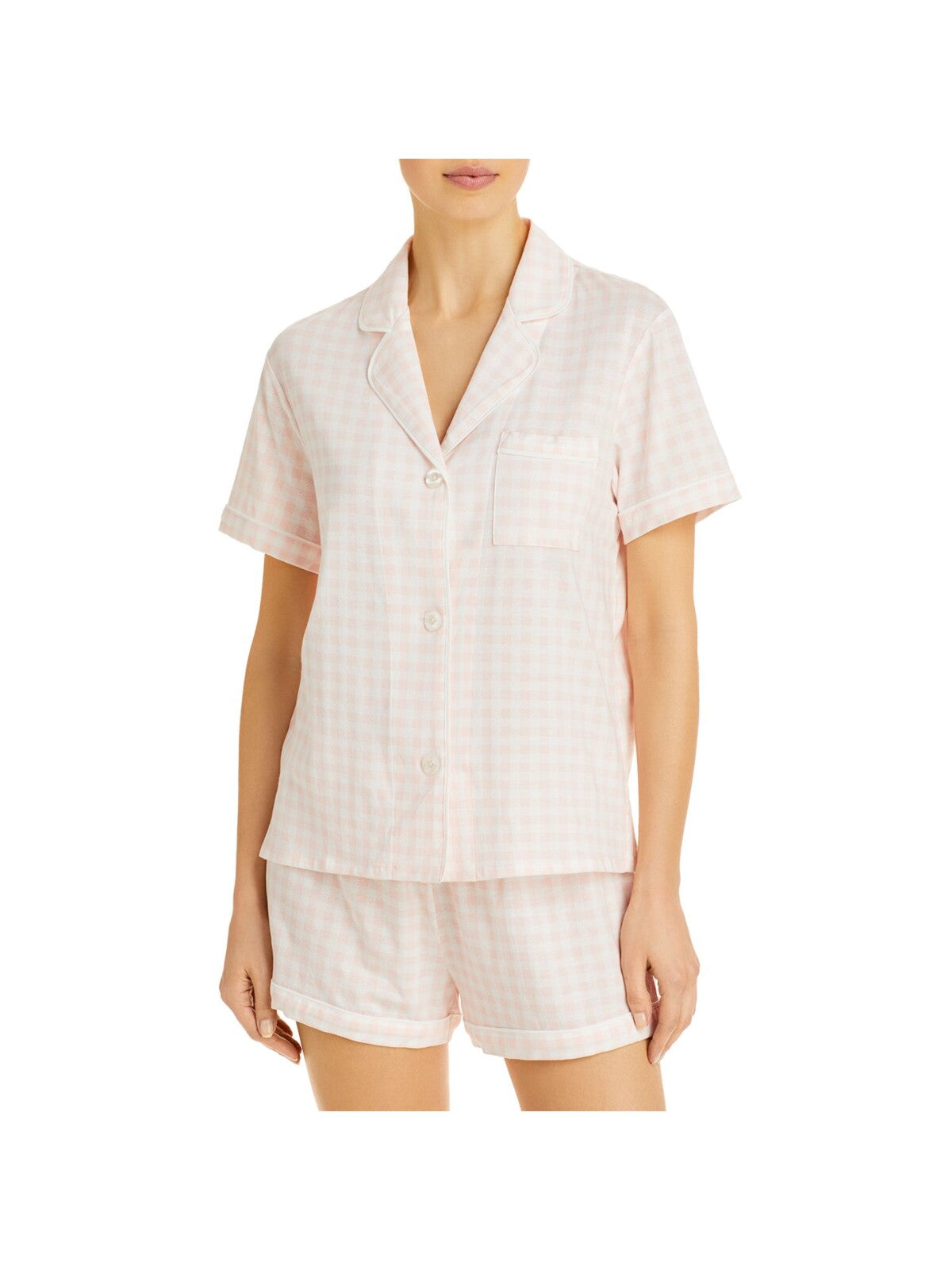 AQUA Womens Pink Mini Grid Elastic Band Short Sleeve Button Up Top and Shorts Pajamas L
