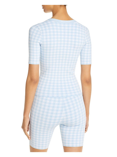 ALEXANDER WANG Womens Light Blue Stretch Ribbed Fitted Gingham Short Sleeve Scoop Neck T-Shirt M