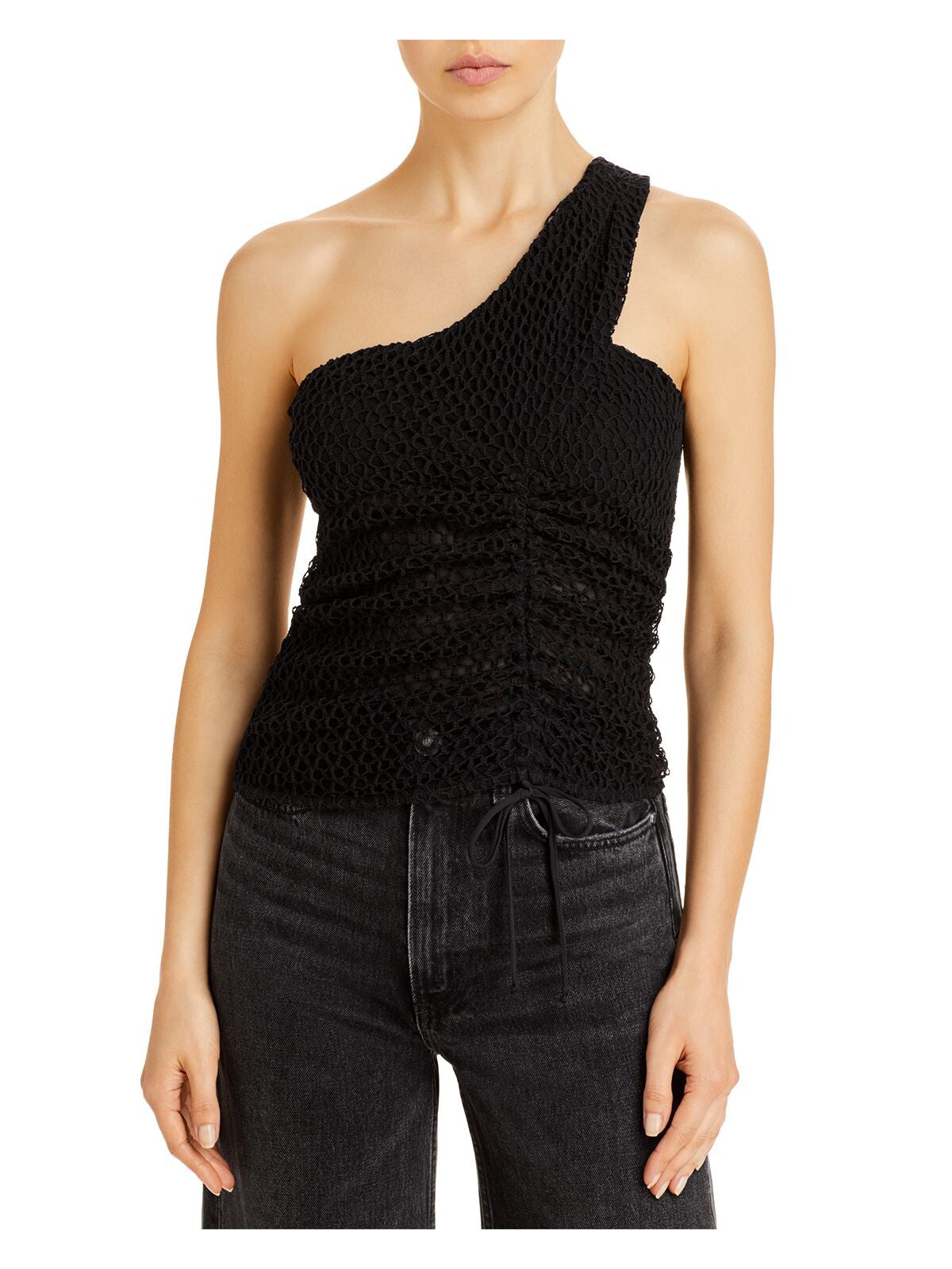 IRO Womens Black Zippered Ruched Lined Mesh Sheer Tie Sleeveless Asymmetrical Neckline Cocktail Top 36