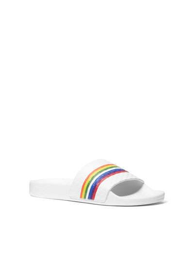 MICHAEL KORS Womens White Striped Logo Gilmore Round Toe Platform Slip On Leather Slide Sandals 8 M