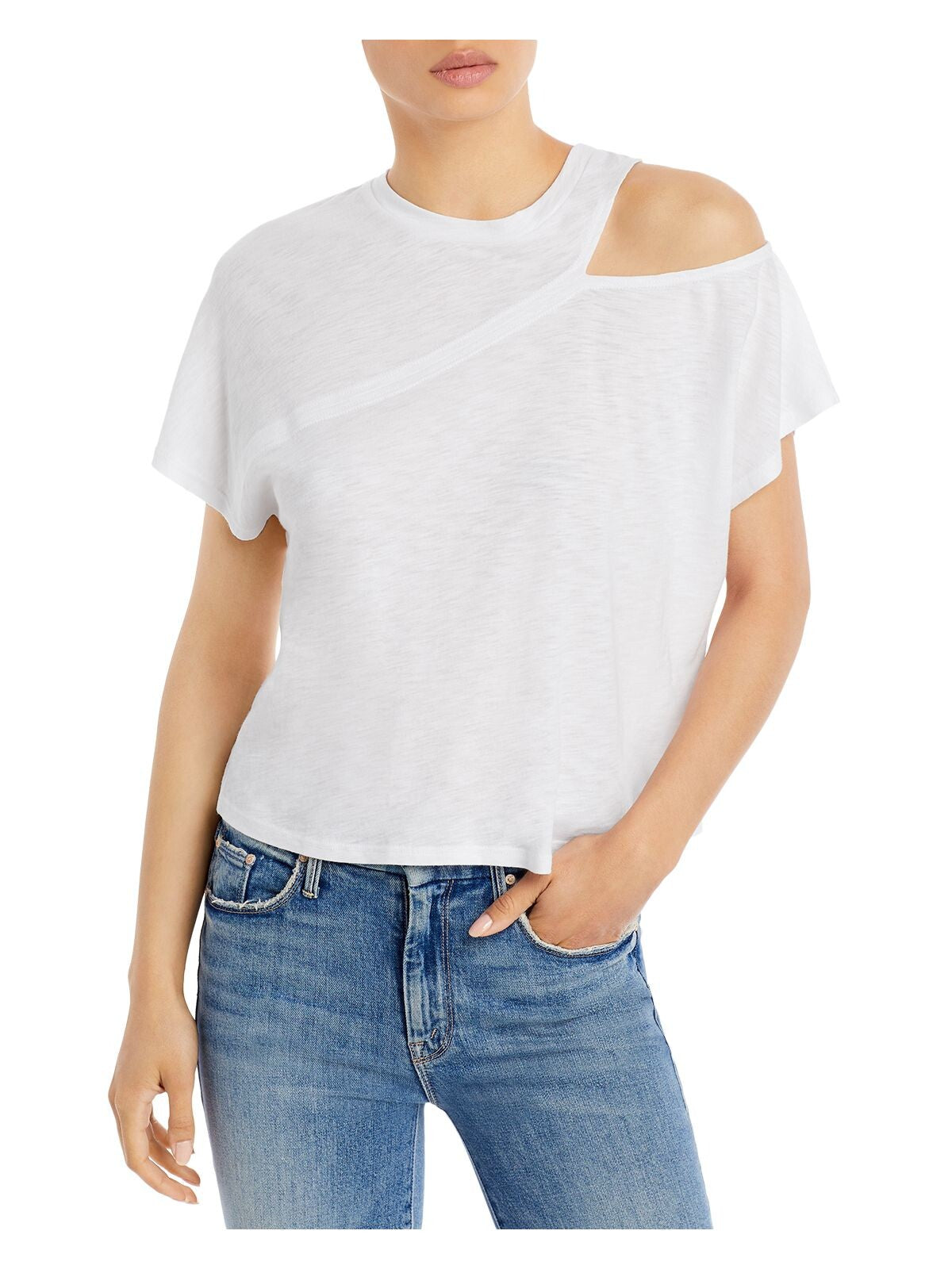 AQUA Womens White Cut Out Pullover Seamed Short Sleeve Crew Neck T-Shirt S