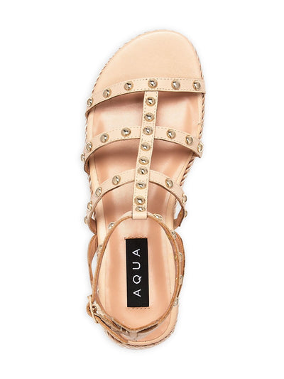 AQUA Womens Beige 1-1/2" Platform Studded Strappy Kimm Round Toe Wedge Buckle Leather Gladiator Sandals Shoes