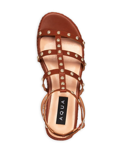 AQUA Womens Brown 1-1/2" Platform Strappy Adjustable Studded Ankle Strap Kimm Round Toe Wedge Buckle Leather Gladiator Sandles 7.5 M