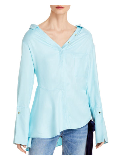 HELLESSY Womens Aqua Pocketed Asymmetric Hem Cube Buttons Long Sleeve Collared Button Up Top 6