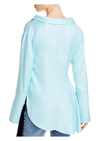 HELLESSY Womens Aqua Pocketed Asymmetric Hem Cube Buttons Long Sleeve Collared Button Up Top 6