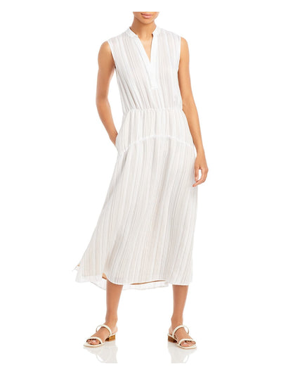 VINCE. Womens White Sheer Slitted Elastic Waist Contrast Lining Striped Sleeveless V Neck Midi Fit + Flare Dress 6