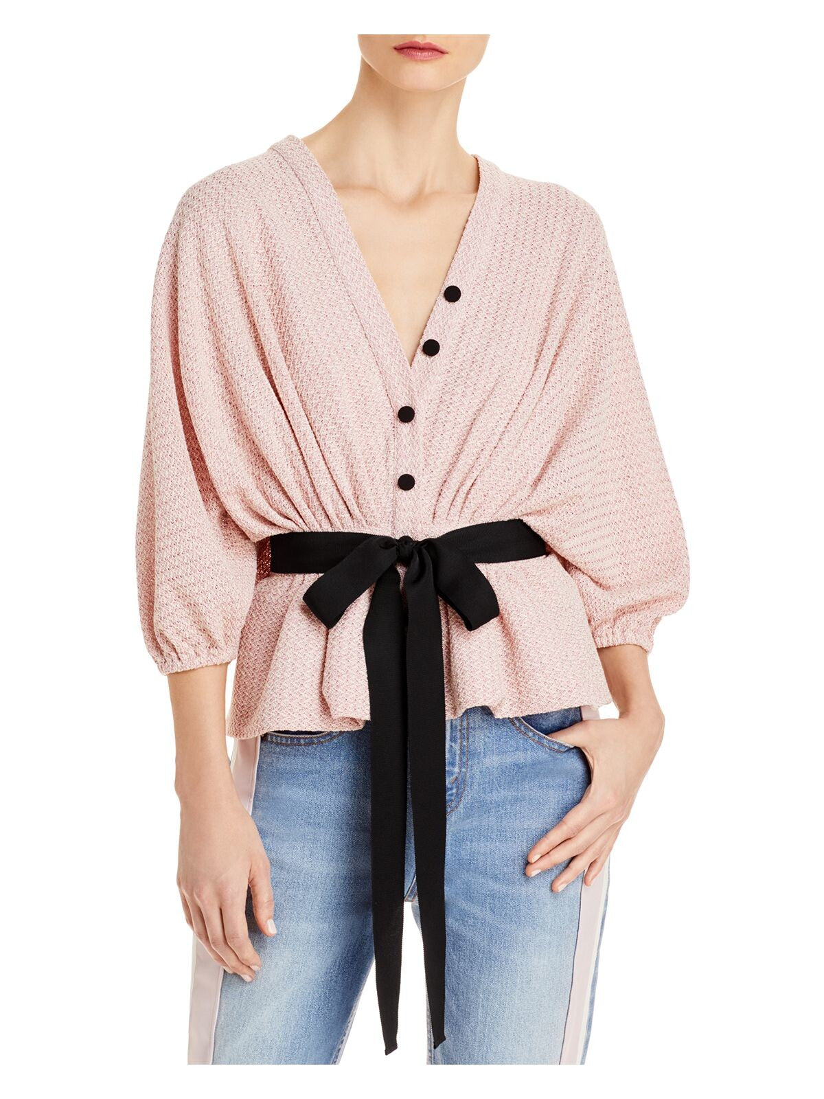 HELLESSY Womens Pink Pleated Textured Button Detail Tie Belt Unlined Dolman Sleeve V Neck Peplum Top XS