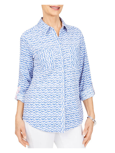 FOXCROFT Womens Blue Pocketed Pleated Curved Hem Chevron Roll-tab Sleeve Collared Button Up Top 8