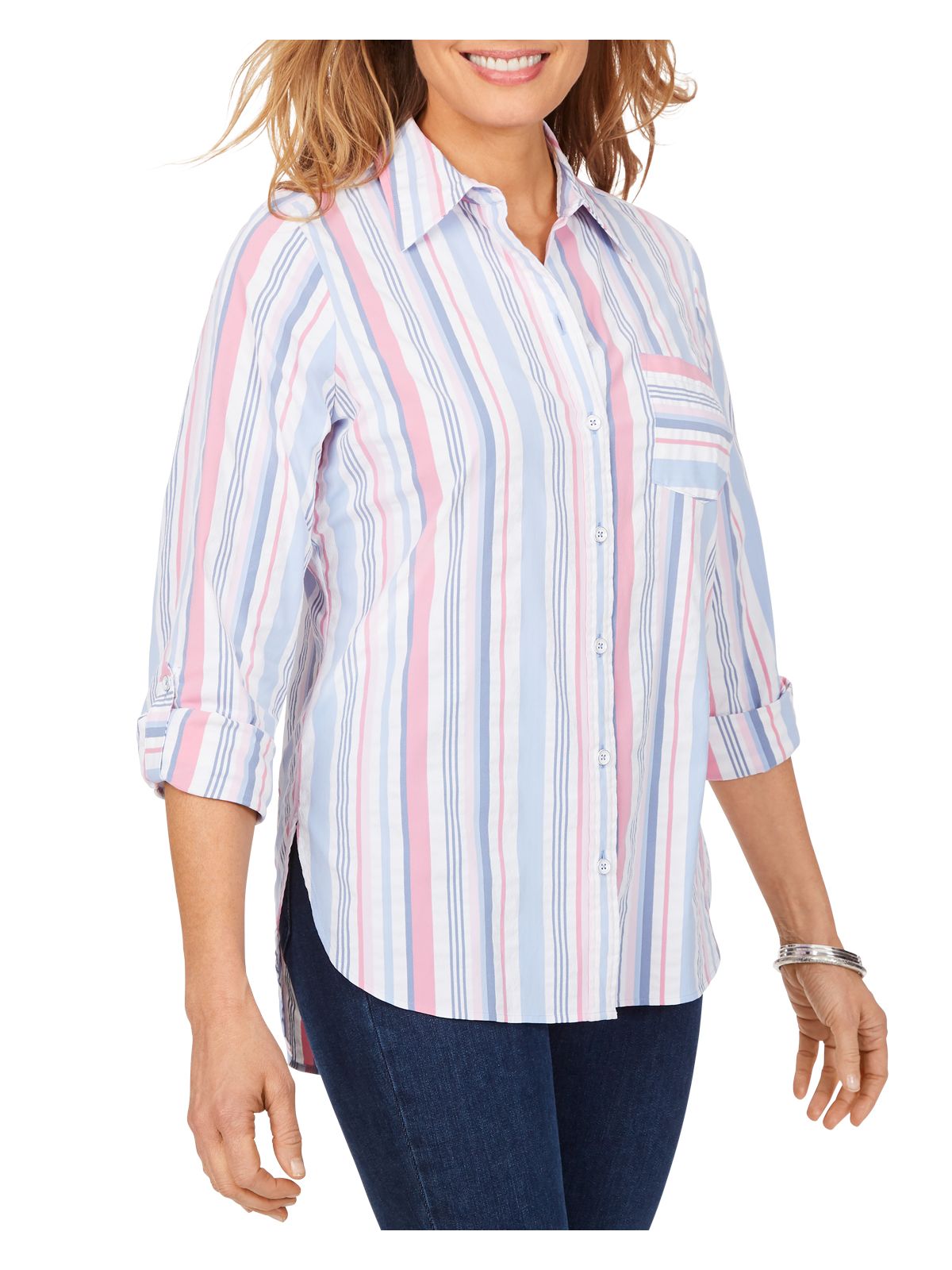 FOXCROFT Womens White Stretch Pocketed Moisture Wicking Upf 50 Sun Protection Seersucker Striped Roll-tab Sleeve Collared Tunic Top 8