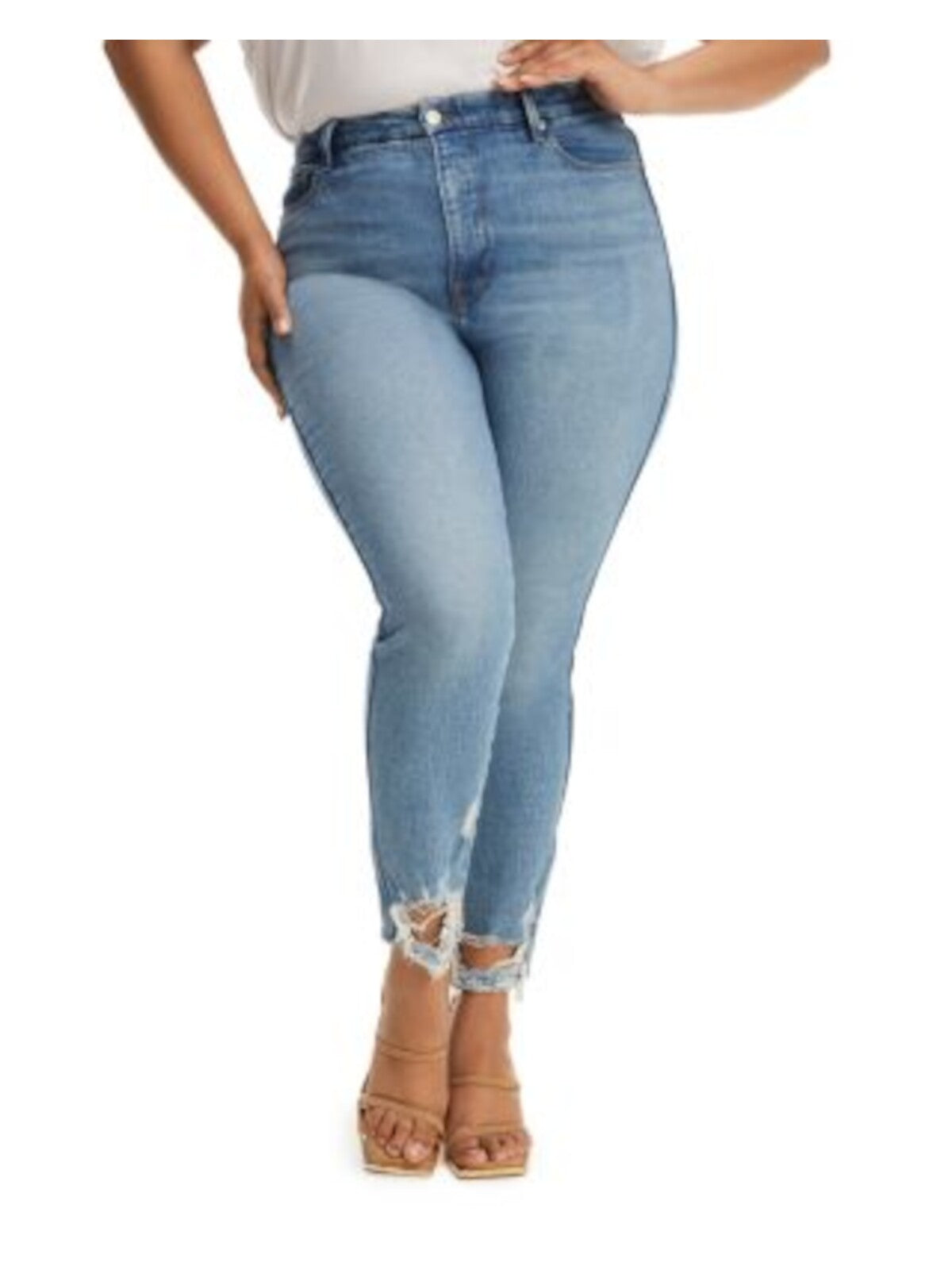 GOOD AMERICAN Womens Blue Denim Pocketed Zippered Chewed Hem Skinny Crop High Waist Jeans Plus 0/25