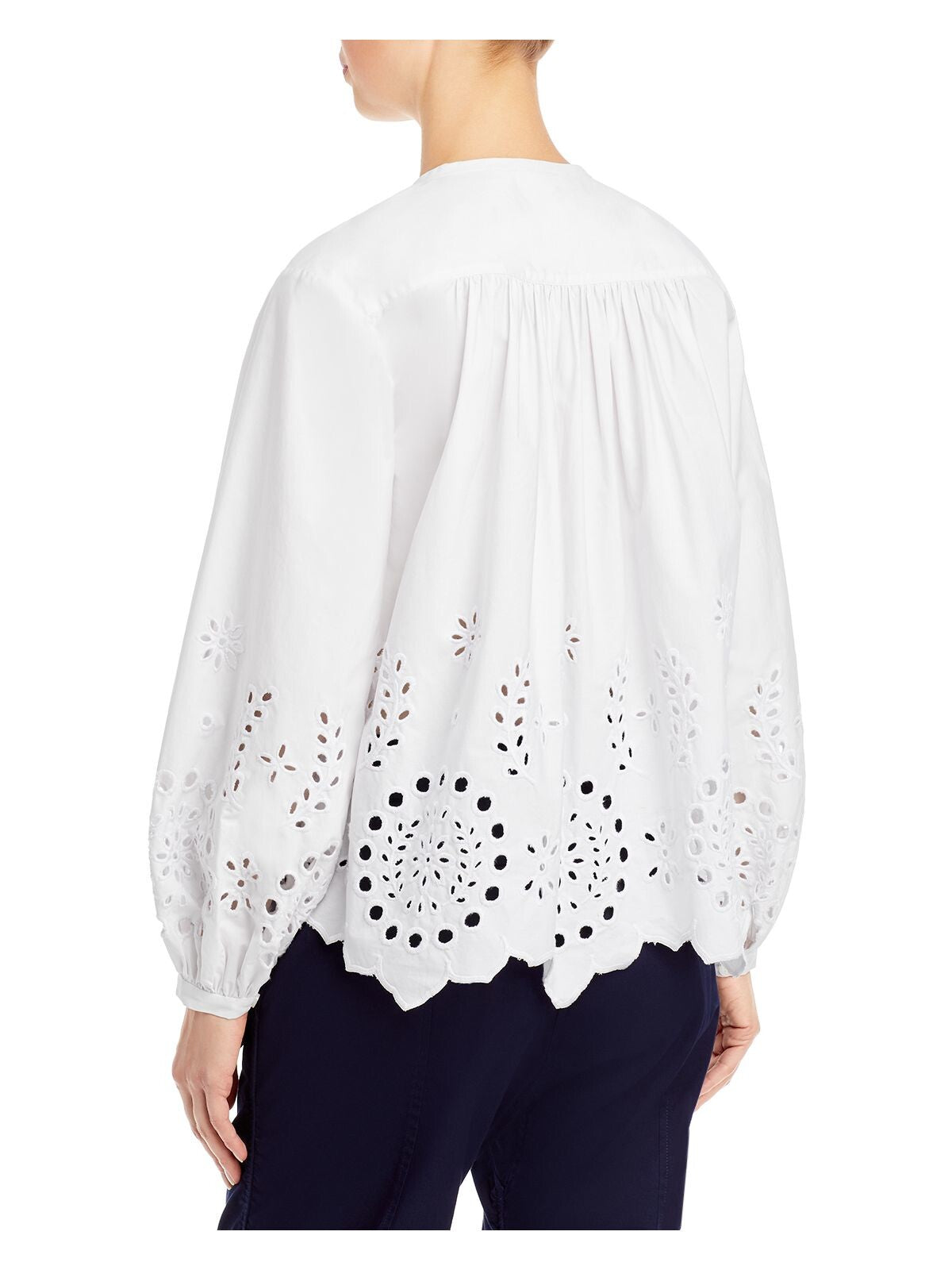 DEREK LAM 10 CROSBY Womens White Eyelet Pleated Button Front Unlined Long Sleeve Crew Neck Blouse 4