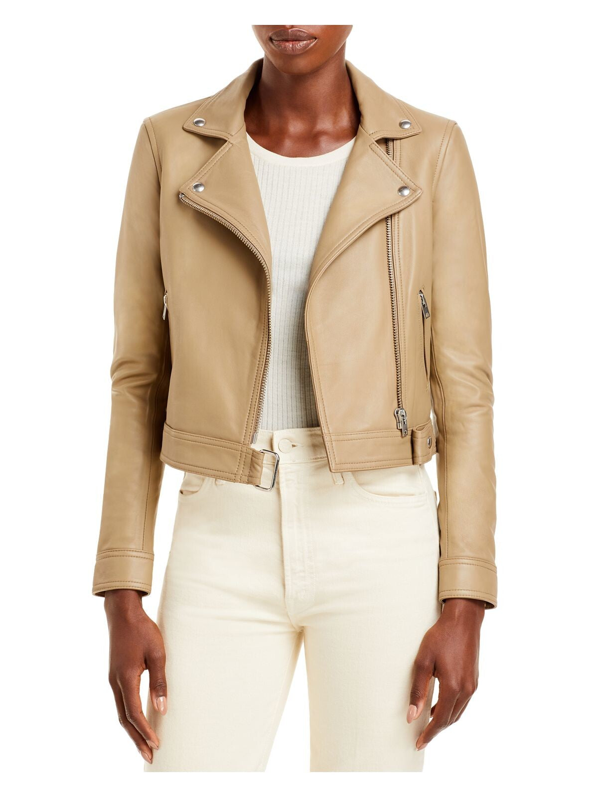 IRO Womens Beige Zippered Pocketed Belted Hem Lined Cropped Motorcycle Jacket 38