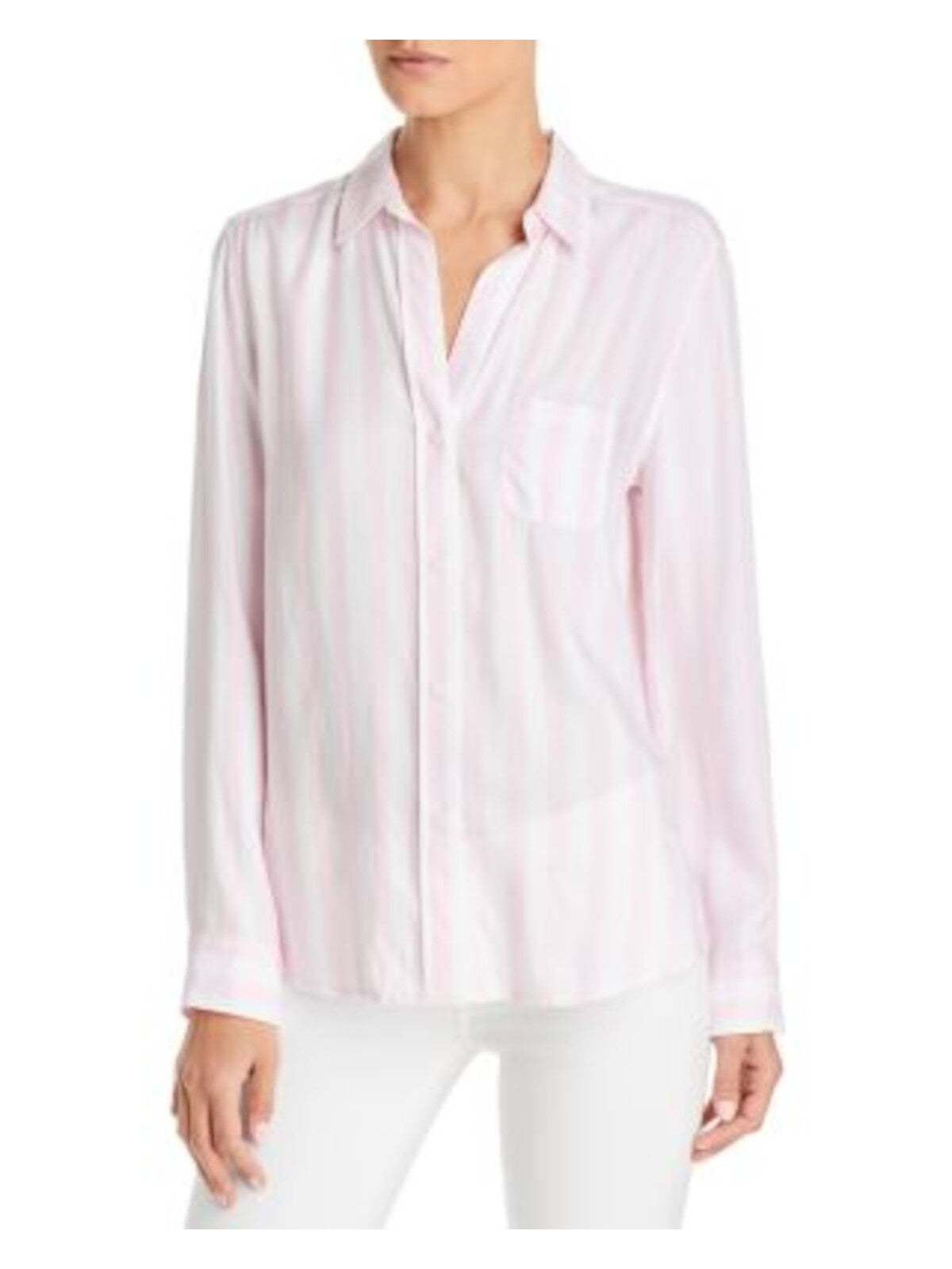 TWELVE O TWO Womens Pink Pleated Curved Shirttail Hem Striped Cuffed Sleeve Collared Button Up Top M