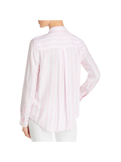 TWELVE O TWO Womens Pink Pleated Curved Shirttail Hem Striped Cuffed Sleeve Collared Button Up Top M