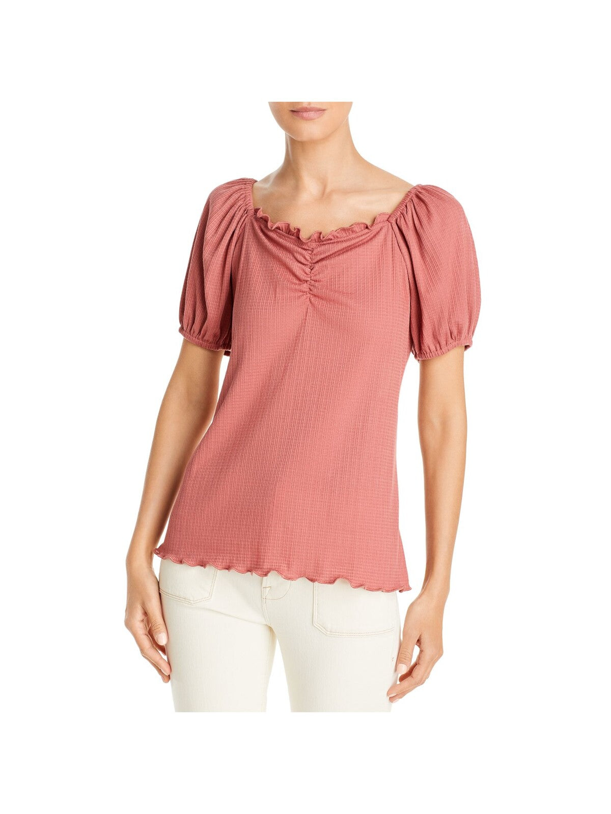 STATUS BY CHENAULT Womens Pink Stretch Ruffled Pleated Scalloped Ruched Pouf Sleeve Sweetheart Neckline Top S