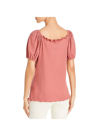 STATUS BY CHENAULT Womens Pink Stretch Ruffled Pleated Scalloped Ruched Pouf Sleeve Sweetheart Neckline Top L