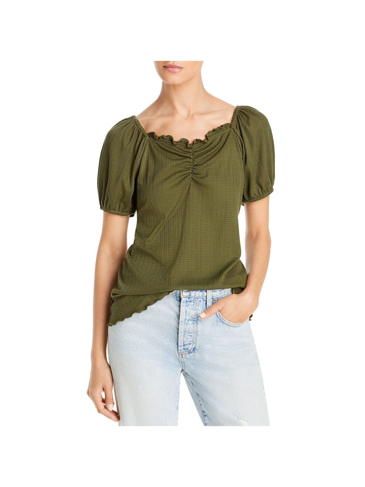 STATUS BY CHENAULT Womens Green Stretch Ruffled Pleated Scalloped Ruched Pouf Sleeve Sweetheart Neckline Top M