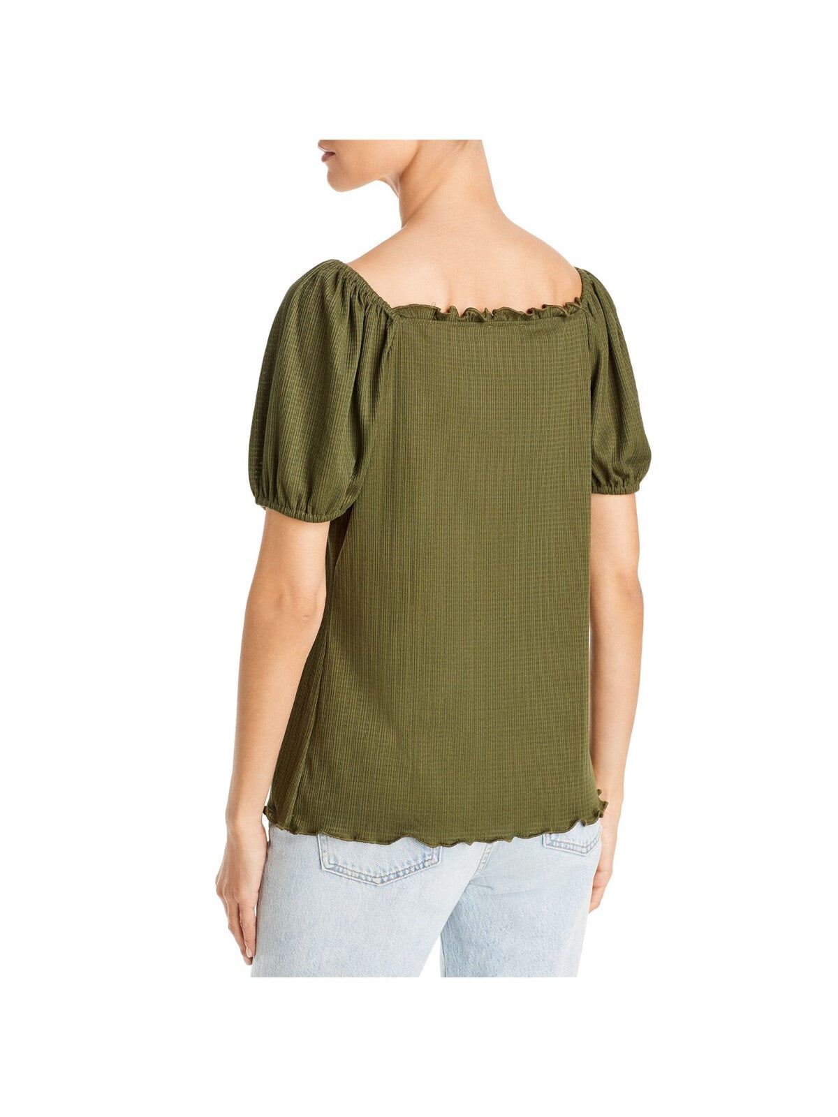 STATUS BY CHENAULT Womens Green Stretch Ruffled Pleated Scalloped Ruched Pouf Sleeve Sweetheart Neckline Top M