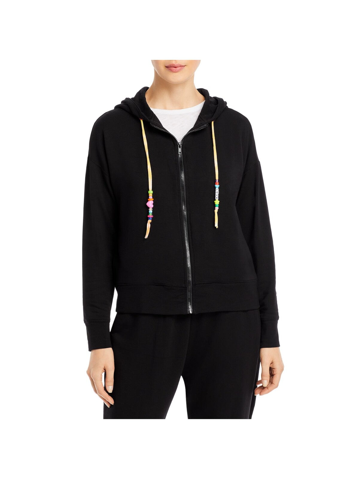 TEREZ Womens Black Stretch Zippered Pocketed Drawstring Hoodie Sweatshirt L