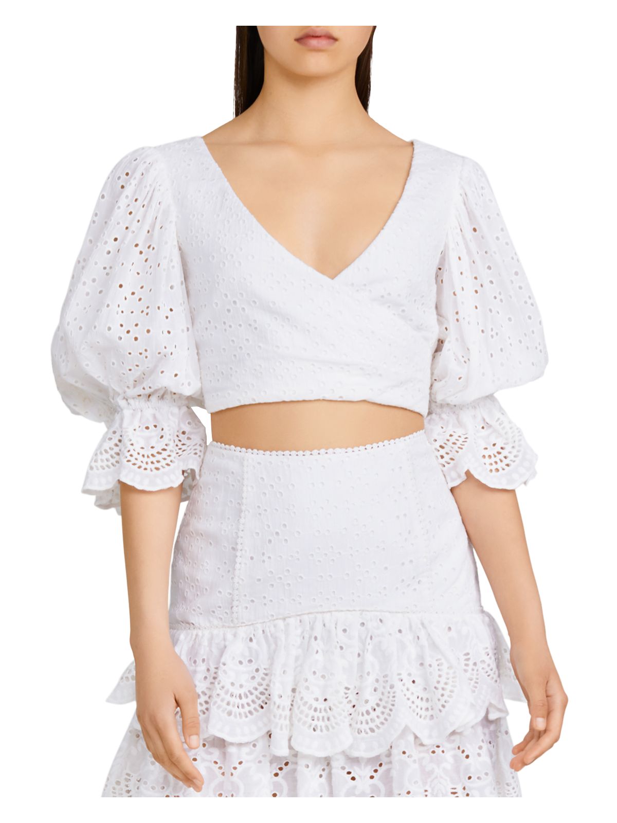 SIGNIFICANT OTHER Womens Ivory Eyelet Cut Out Smocked Pouf Sleeve Surplice Neckline Party Top 6