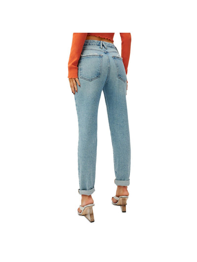 GOOD AMERICAN Womens Denim Distressed Zippered Straight Leg Stretch High Waist Jeans