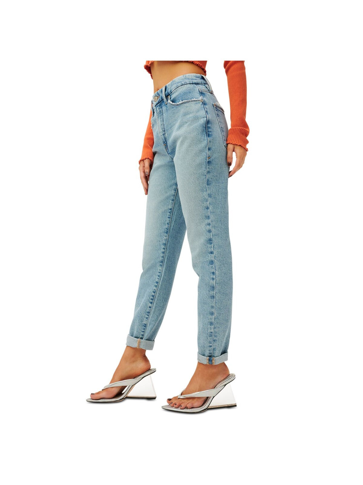 GOOD AMERICAN Womens Light Blue Denim Distressed Zippered Straight Leg Stretch High Waist Jeans 0