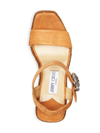 JIMMY CHOO Womens Beige 1" Platform Embellished Buckle Ankle Strap Padded Mirabelle 110 Square Toe Wedge Buckle Leather Espadrille Shoes 36.5