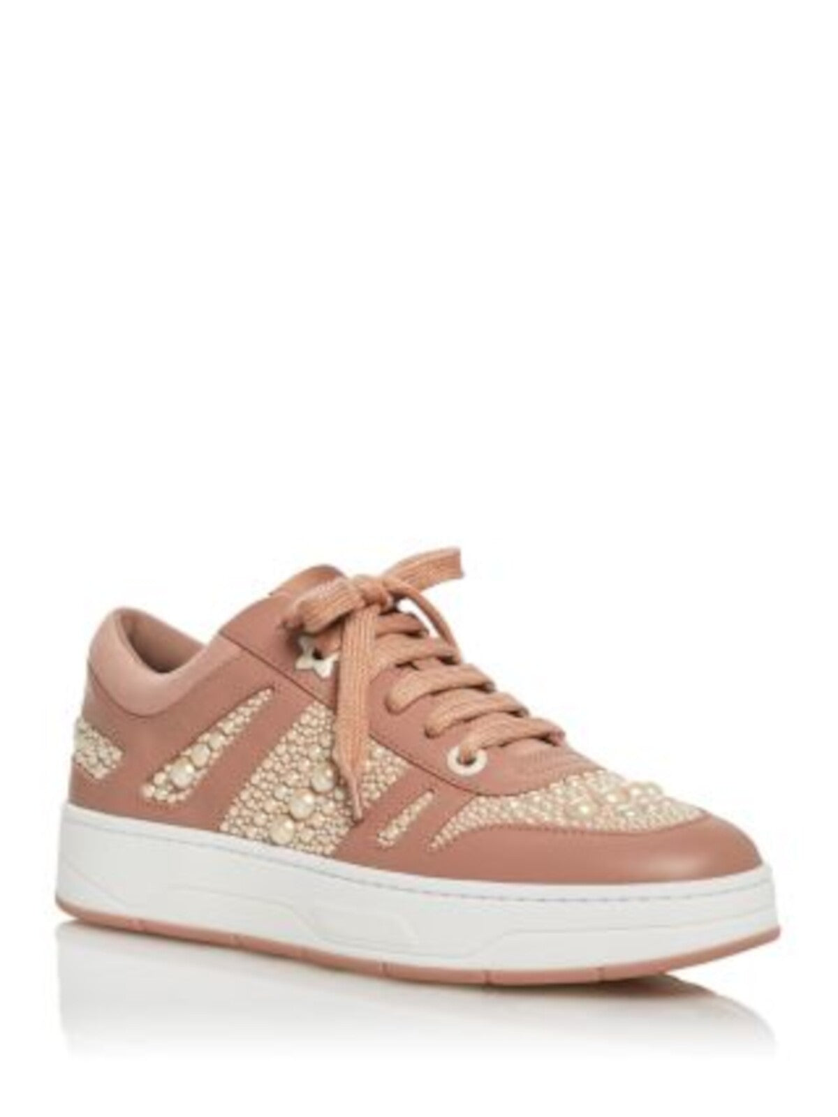 JIMMY CHOO Womens Pink Faux Pearl Star 1Platform Embellished Logo Hawaii Round Toe Wedge Lace-Up Leather Sneakers Shoes 38.5