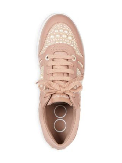 JIMMY CHOO Womens Pink Faux Pearl Star 1Platform Embellished Logo Hawaii Round Toe Wedge Lace-Up Leather Sneakers Shoes 38.5