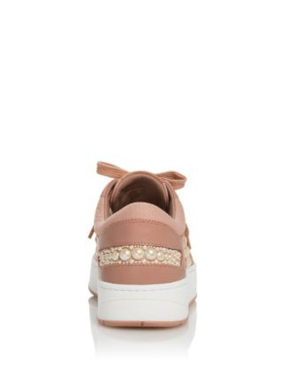 JIMMY CHOO Womens Pink Faux Pearl Star 1Platform Embellished Logo Hawaii Round Toe Wedge Lace-Up Leather Sneakers Shoes 38.5