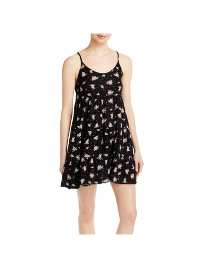 AVA & ESME Womens Black Textured Gathered Floral Spaghetti Strap Scoop Neck Short Baby Doll Dress XS