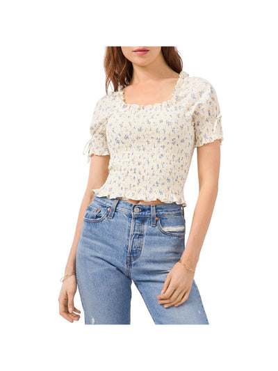 1. STATE Womens Ivory Stretch Smocked Ruffled Eyelet Floral Pouf Sleeve Square Neck Crop Top L