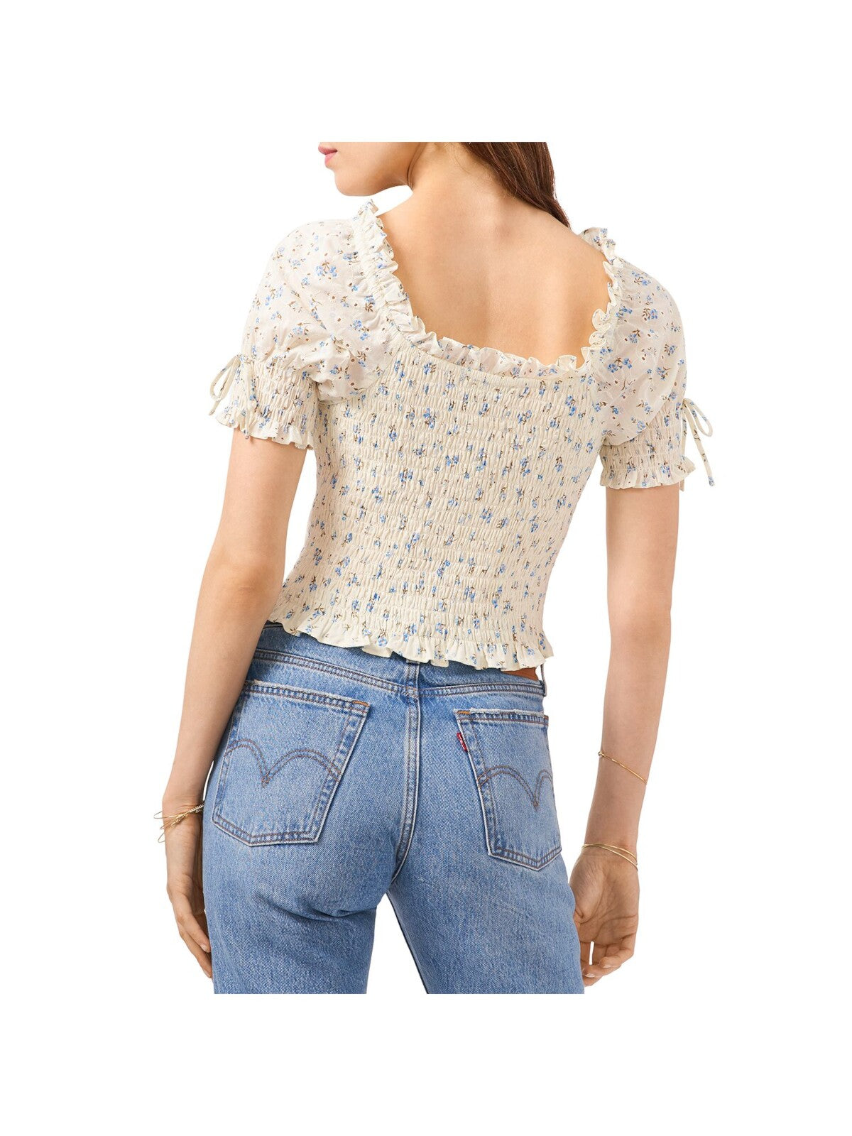 1. STATE Womens Stretch Smocked Ruffled Eyelet Pouf Sleeve Square Neck Crop Top