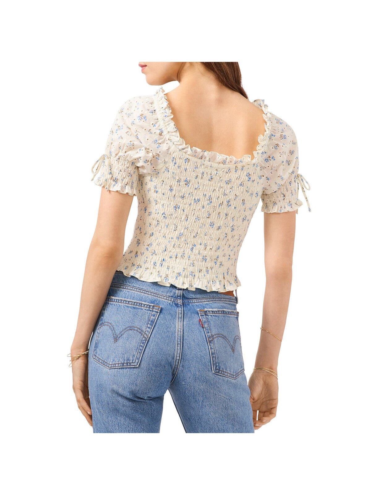 1. STATE Womens Ivory Stretch Smocked Ruffled Eyelet Floral Pouf Sleeve Square Neck Crop Top M