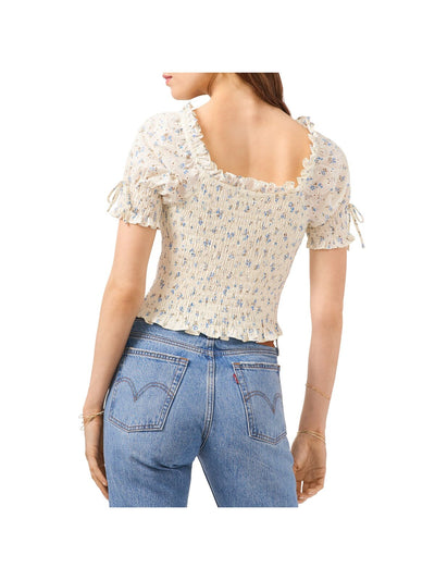 1. STATE Womens Ivory Stretch Smocked Ruffled Eyelet Floral Pouf Sleeve Square Neck Crop Top XL