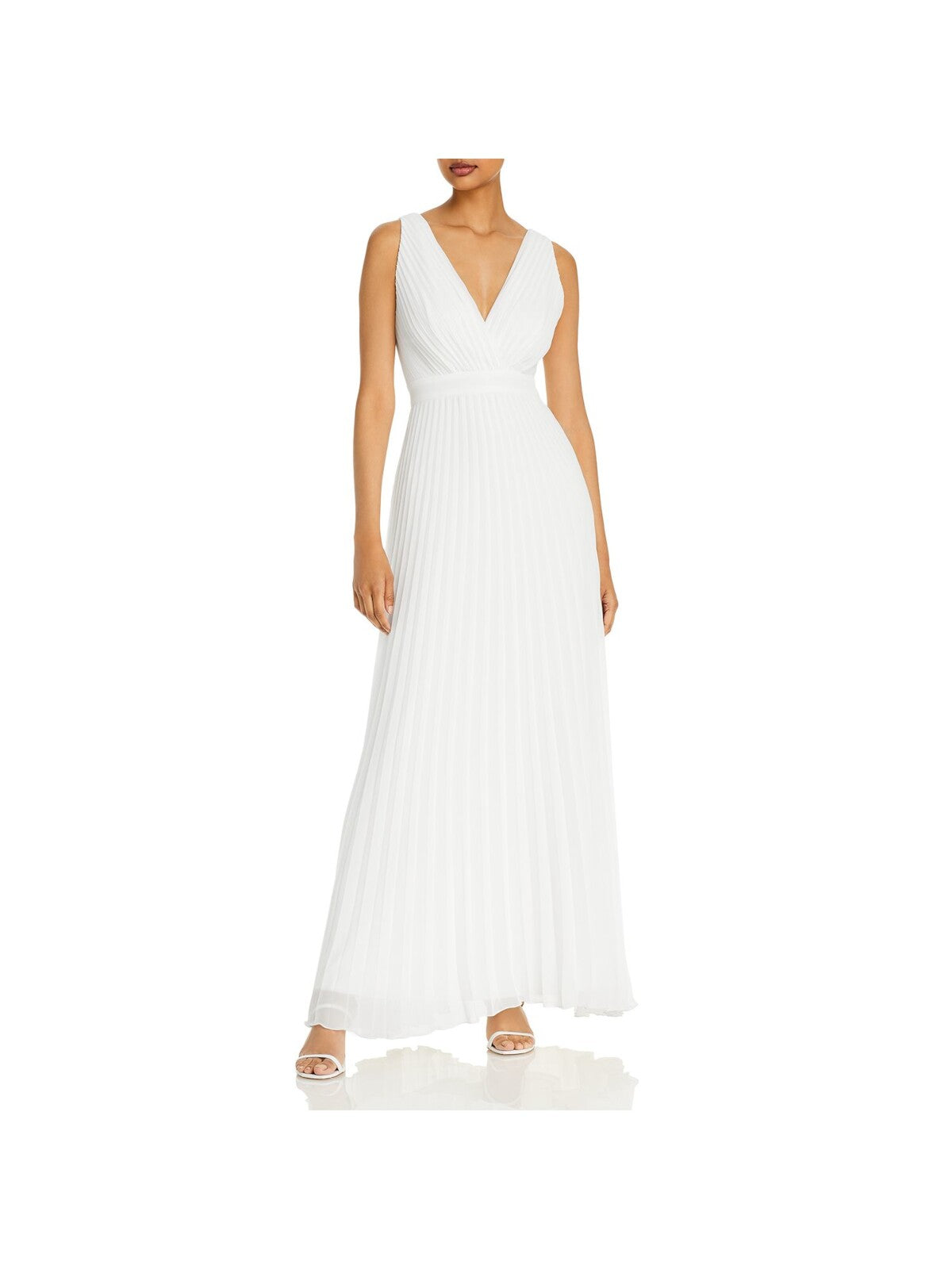 AQUA FORMAL Womens White Pleated Zippered V-back Sleeveless V Neck Maxi Cocktail Gown Dress 6