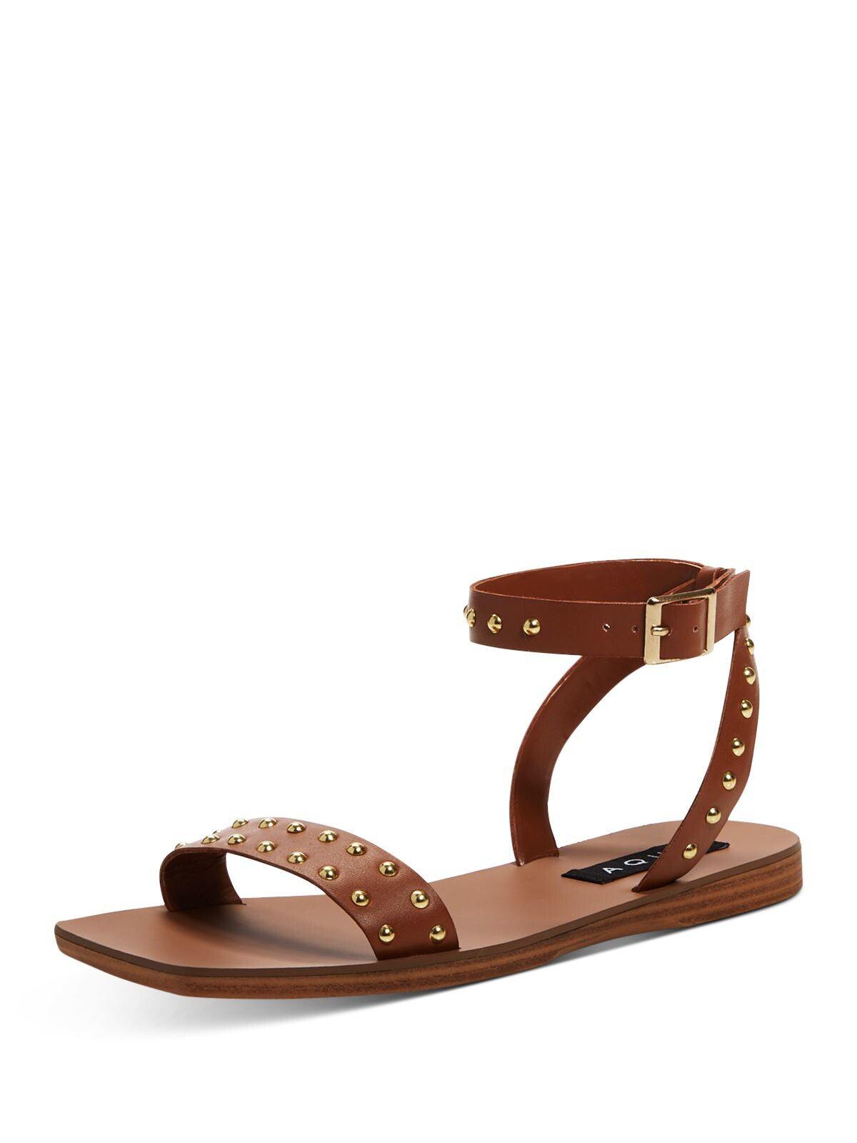 AQUA Womens Brown Adjustable Studded Ankle Strap Sophy Square Toe Wedge Buckle Leather Gladiator Sandals Shoes 6.5 M