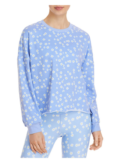 AQUA ATHLETIC Womens Blue Ribbed Front Seam Floral Long Sleeve Crew Neck Sweatshirt S